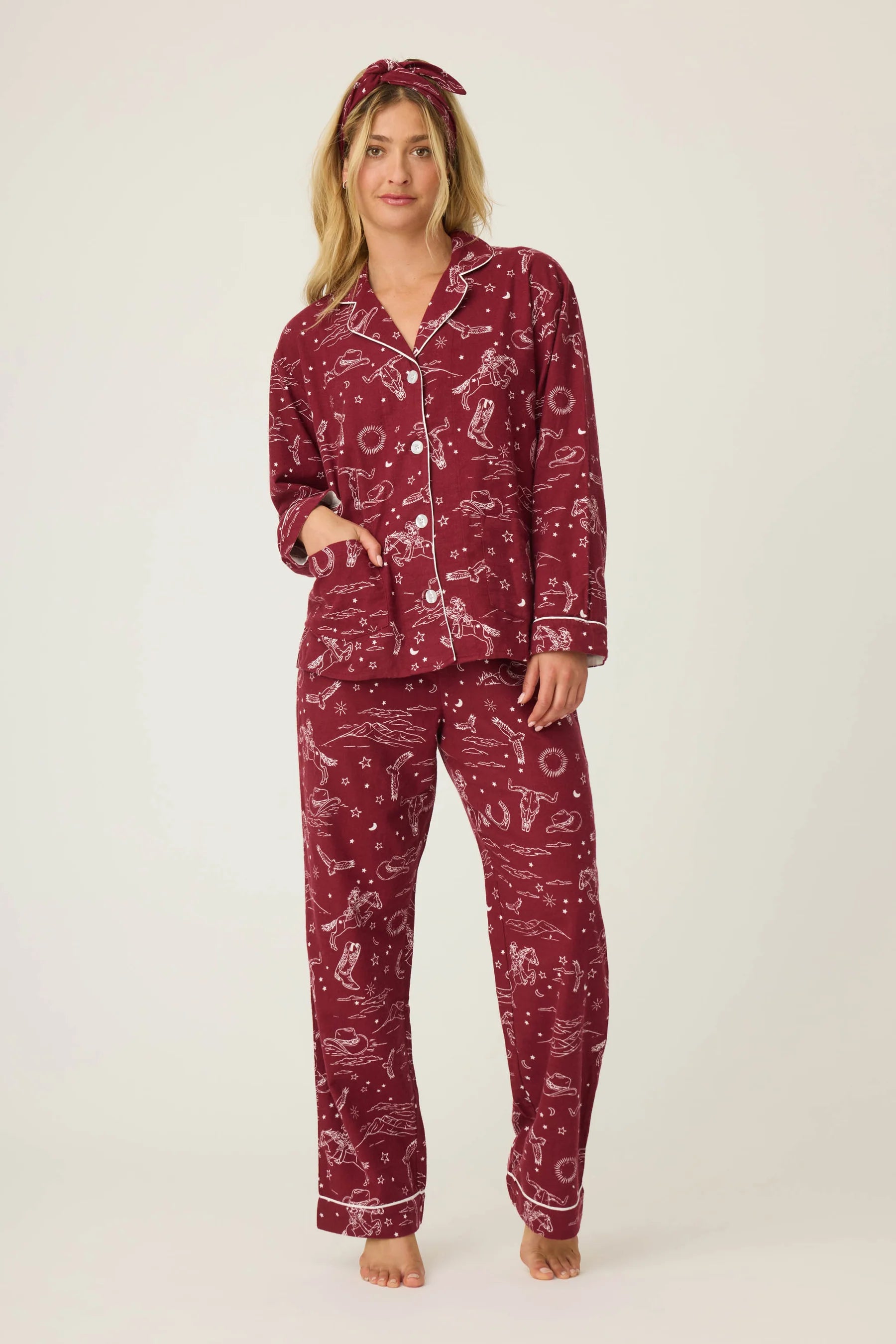 Hold Your Horses Western Flannel 3-Piece PJ Set by PJ Salvage in rich port color model wearing pajama set.