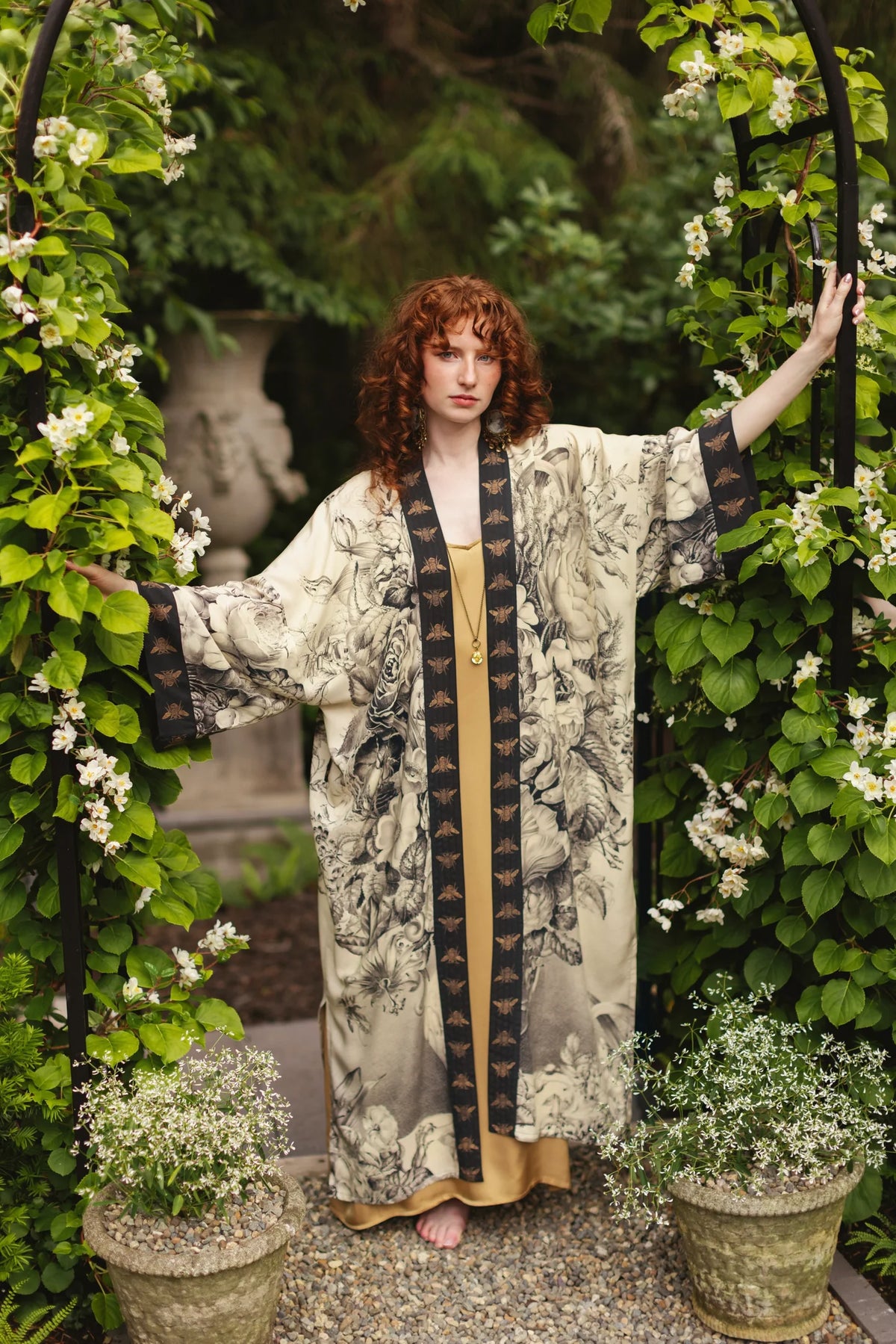 Market of Stars Honey and The Moon Opera Duster full length front view on model — Cloud Nine Pajamas Edmonton
