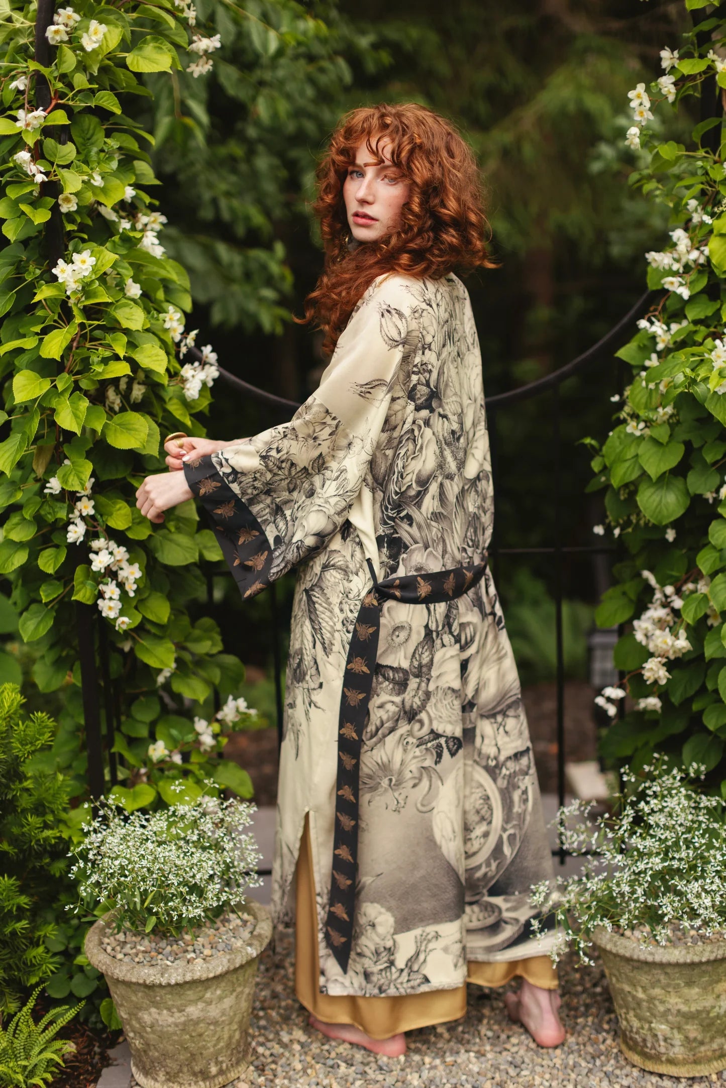 Market of Stars Honey and The Moon Opera Duster model back view with tie — Cloud Nine Pajamas Edmonton