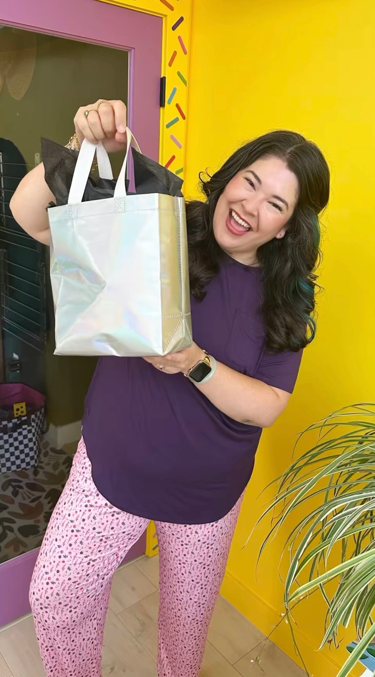 Flora's Garden Print Tee Floral Jogger PJ Set Bamboo YEG influencer Justine Mah showing off her limited edition pajamas