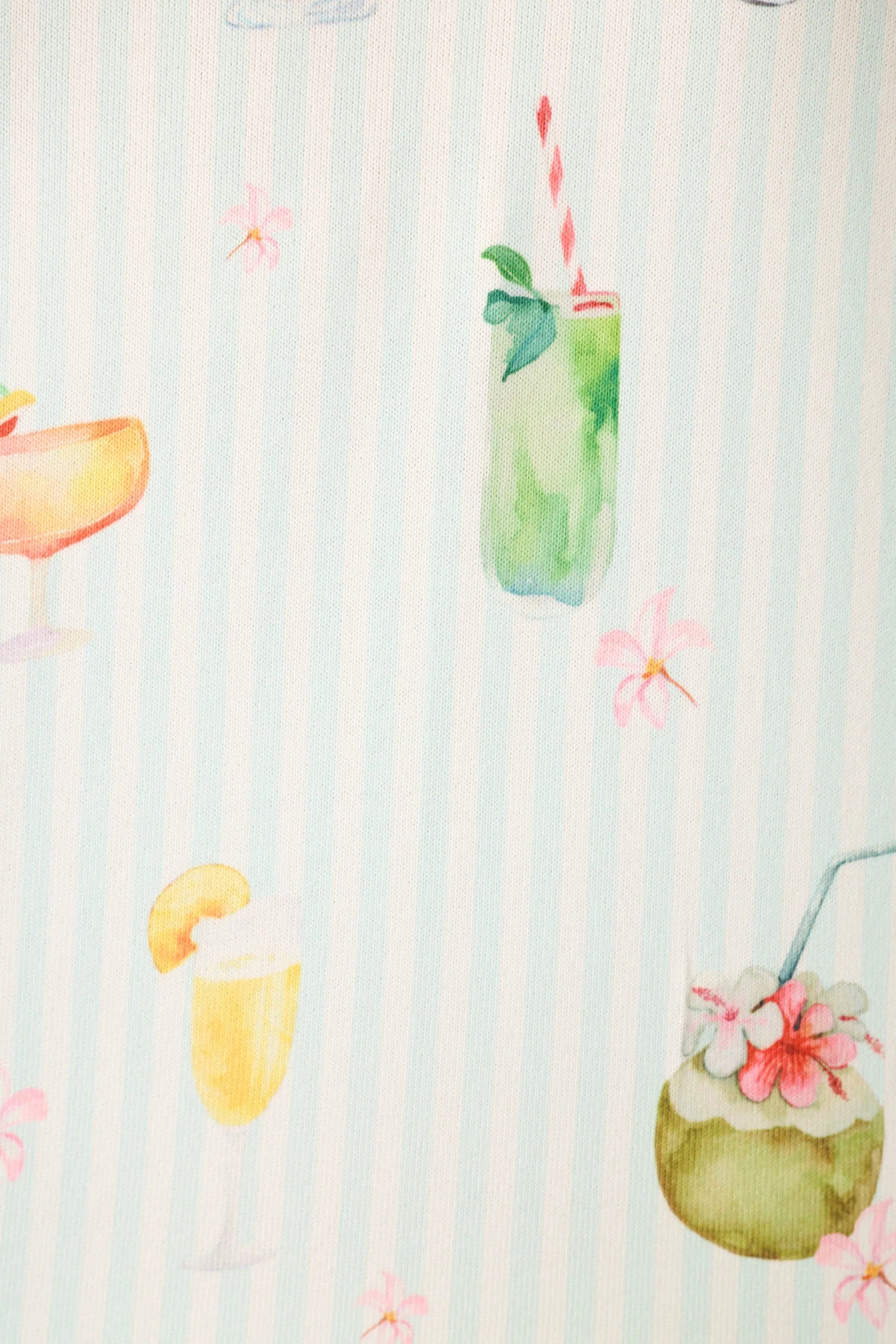 PJ Salvage 5 O'Clock Somewhere aqua stripe cocktail print pyjama set detail — Cloud Nine Pajamas