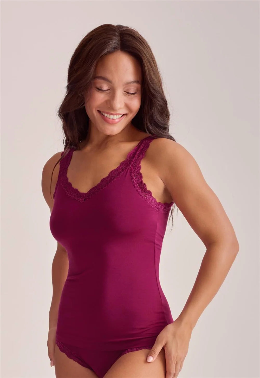 Fleur't Iconic Cami Shelf Bra Dark Cherry front view on model — Cloud Nine Pajamas Edmonton