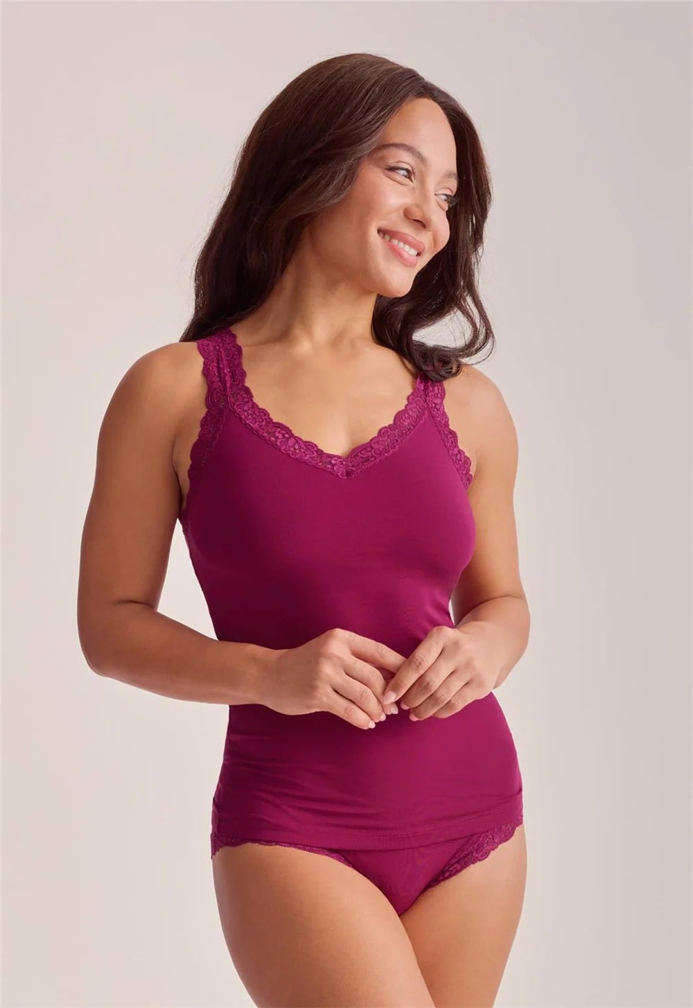 Fleur't Iconic Cami Shelf Bra Dark Cherry side view showing mid-length — Cloud Nine Pajamas Edmonton