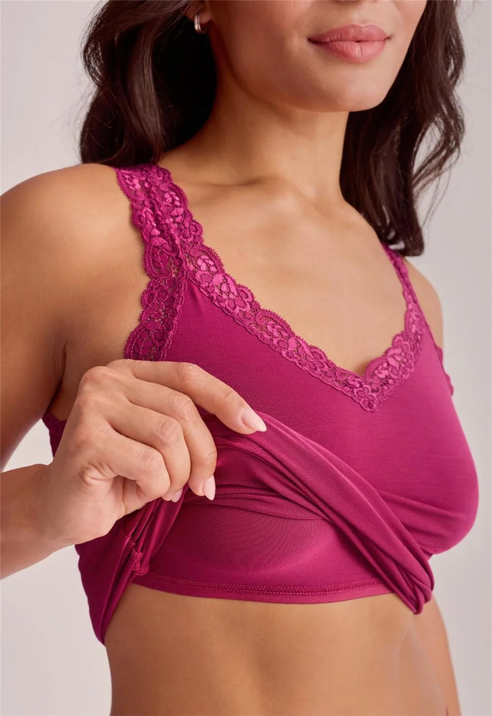 Fleur't Iconic Cami Shelf Bra Dark Cherry lace trim V-neck and shelf bra detail — Cloud Nine Pajamas Edmonton