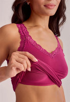 Fleur't Iconic Cami Shelf Bra Dark Cherry lace trim V-neck and shelf bra detail — Cloud Nine Pajamas Edmonton
