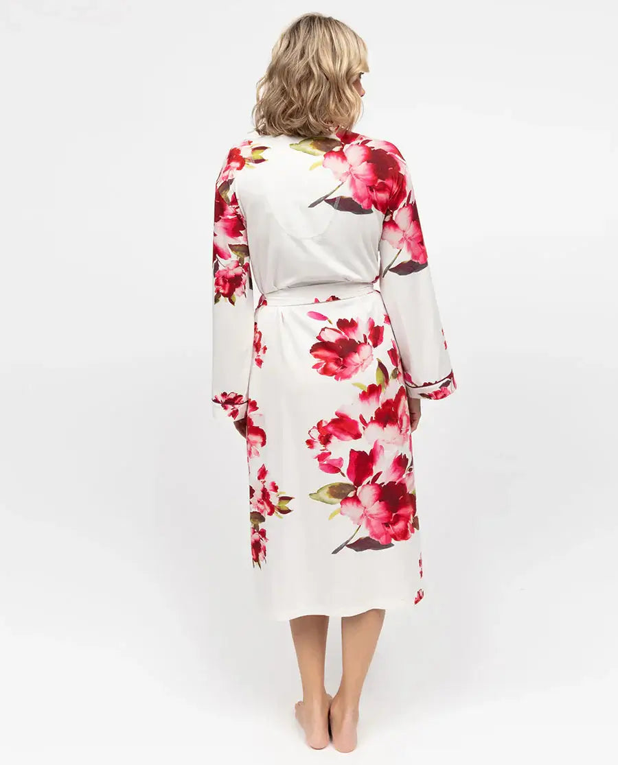 women's floral red and white print long kimono wrap robe by cyberjammies