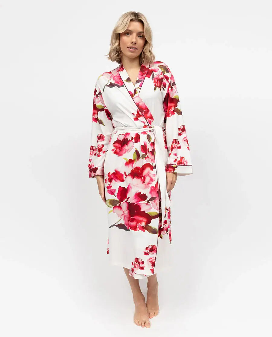 women's floral red and white print long kimono wrap robe by cyberjammies