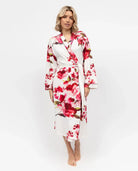 women's floral red and white print long kimono wrap robe by cyberjammies