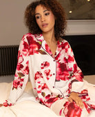 women's red floral print button up pajama set in cotton modal by cyberjammies