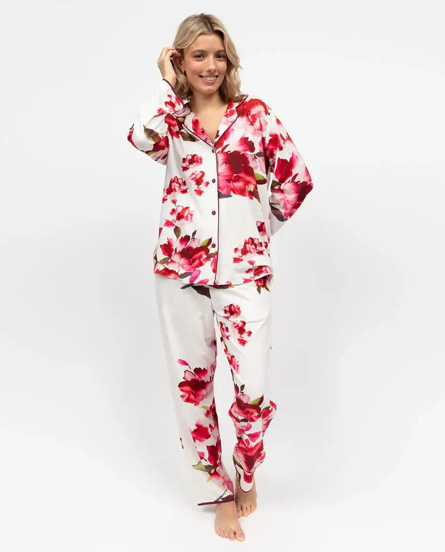 women's red floral print button up pajama set in cotton modal by cyberjammies