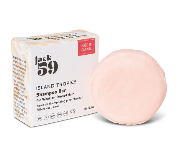 Jack59 Travel Buddies Shampoo Bar in Island Tropics for weak or treated hair, featuring a pink solid bar and eco-friendly packaging.