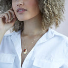 Birthstone Charm Necklace in 14k Plated Gold featuring garnet for January with 'Protection' intention word.