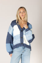 Lyla & Luxe LENNY hand-knit blue denim white V-neck cardigan — model wearing Small — Cloud Nine Pajamas Edmonton