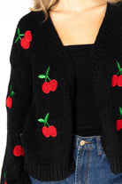 Lyla & Luxe Lexi cherry embroidery detail close-up on black knit — Cloud Nine Pajamas