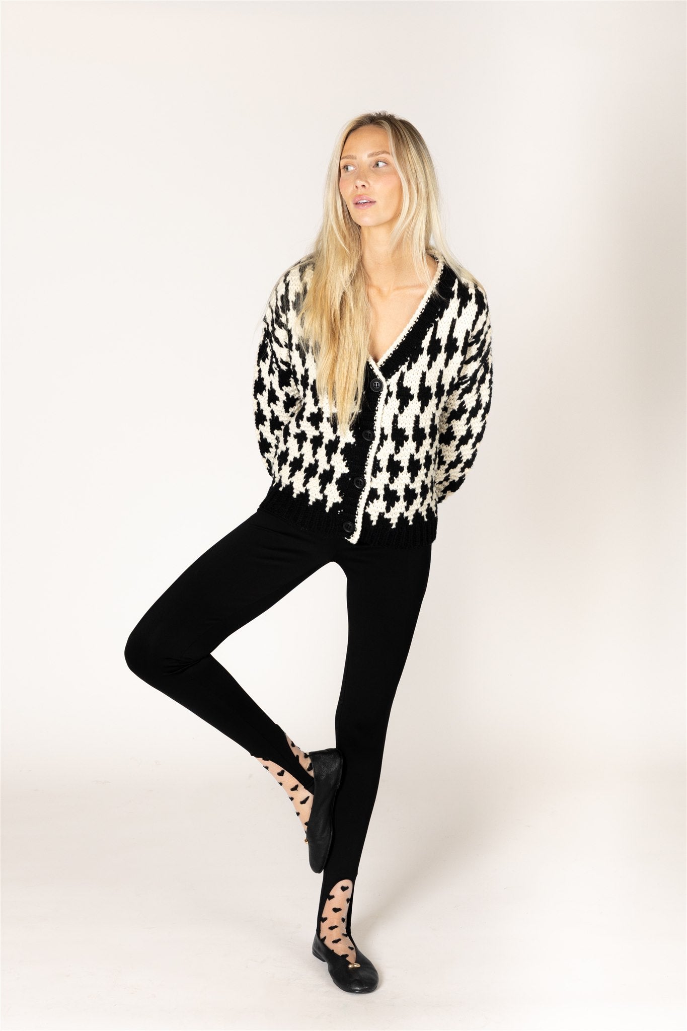 Lyla & Luxe Libby Hand Knit Houndstooth Cardigan Black Cream front view — Cloud Nine Pajamas