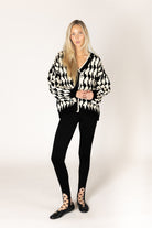 Lyla & Luxe Libby Houndstooth open cardigan model wearing Small — Cloud Nine Pajamas