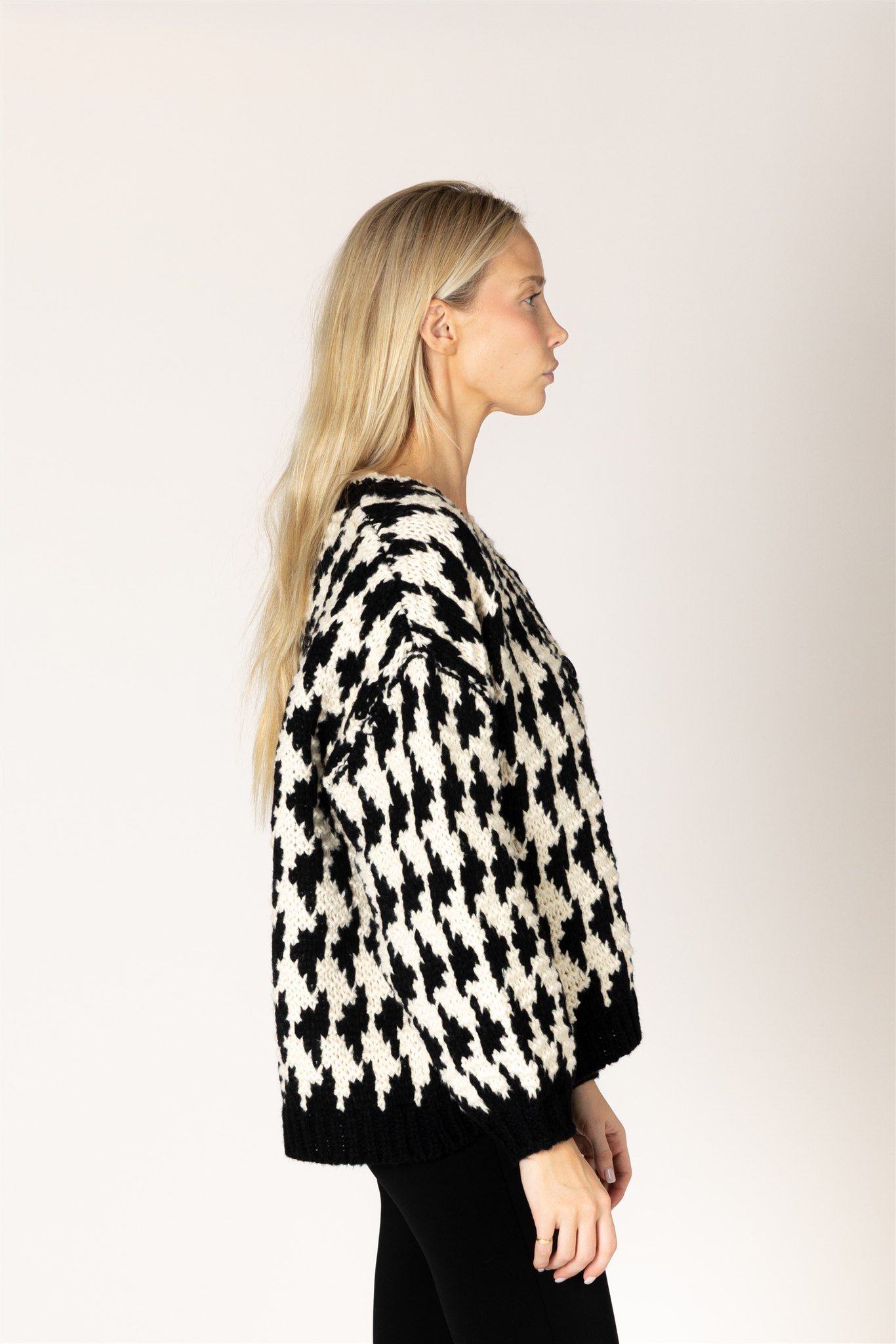 Lyla & Luxe Libby Black Cream cardigan side view open front — Cloud Nine Pajamas