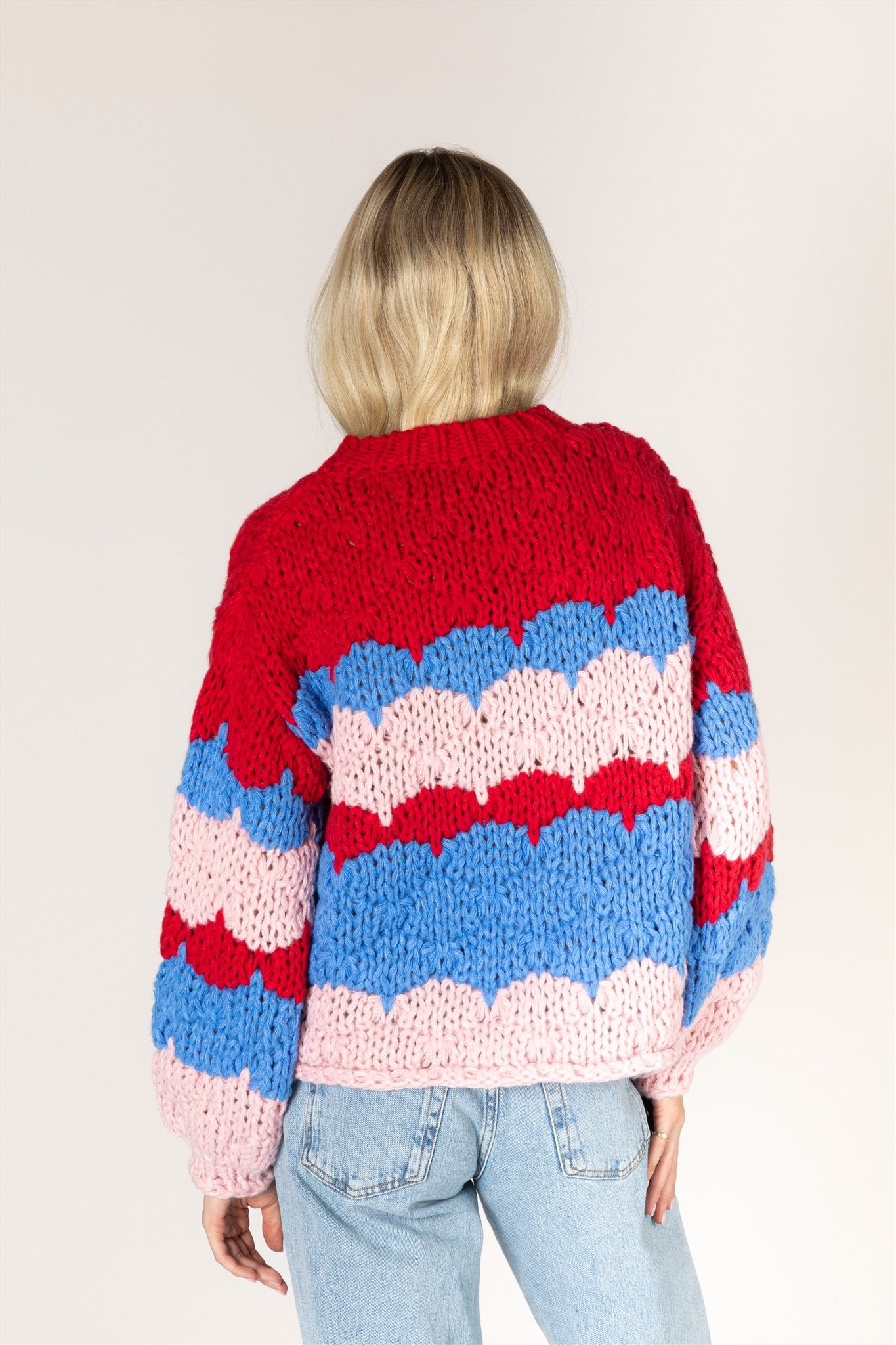 Lyla & Luxe LYNN red blue pink stripe sweater side view — Cloud Nine Pajamas