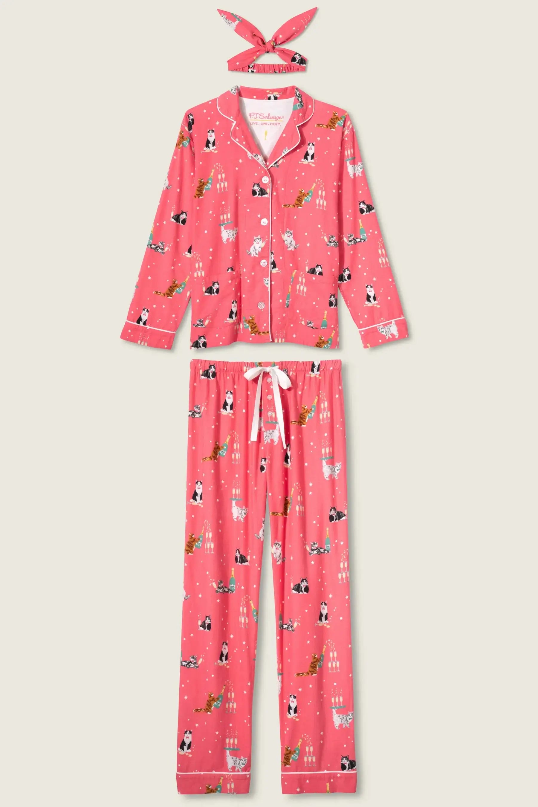 women's cat print dark pink flannel pjs from pj salvage