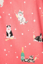 Let's Get Fizzical Flannel 3-Piece PJ Set featuring playful cats with champagne on a dark coral backdrop.