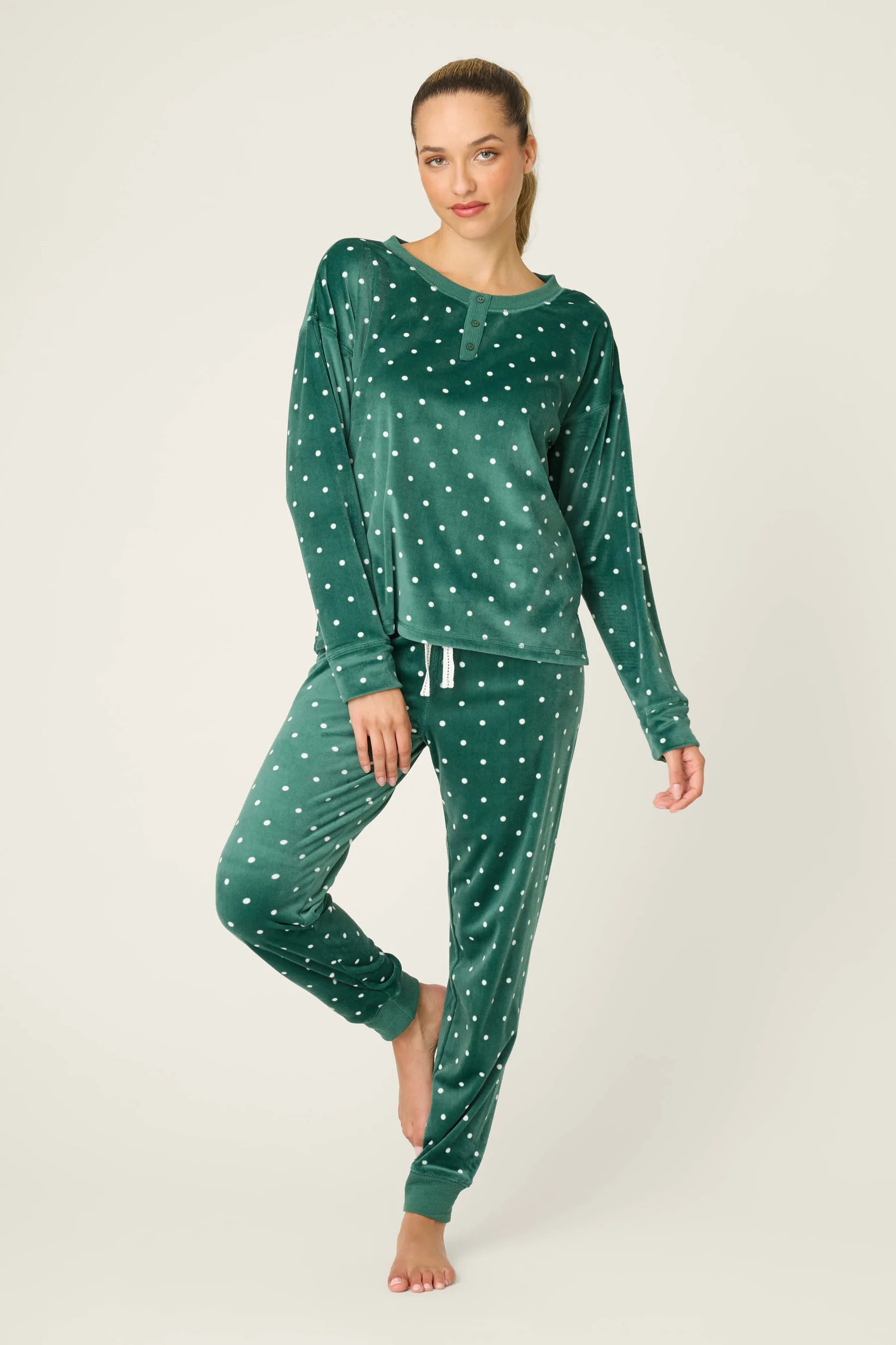 Let's Get Toasty Velour Dot Print PJ Set | Dark Forest Green PJ Salvage Women's white polka dot on a dark green background lightweight velour
