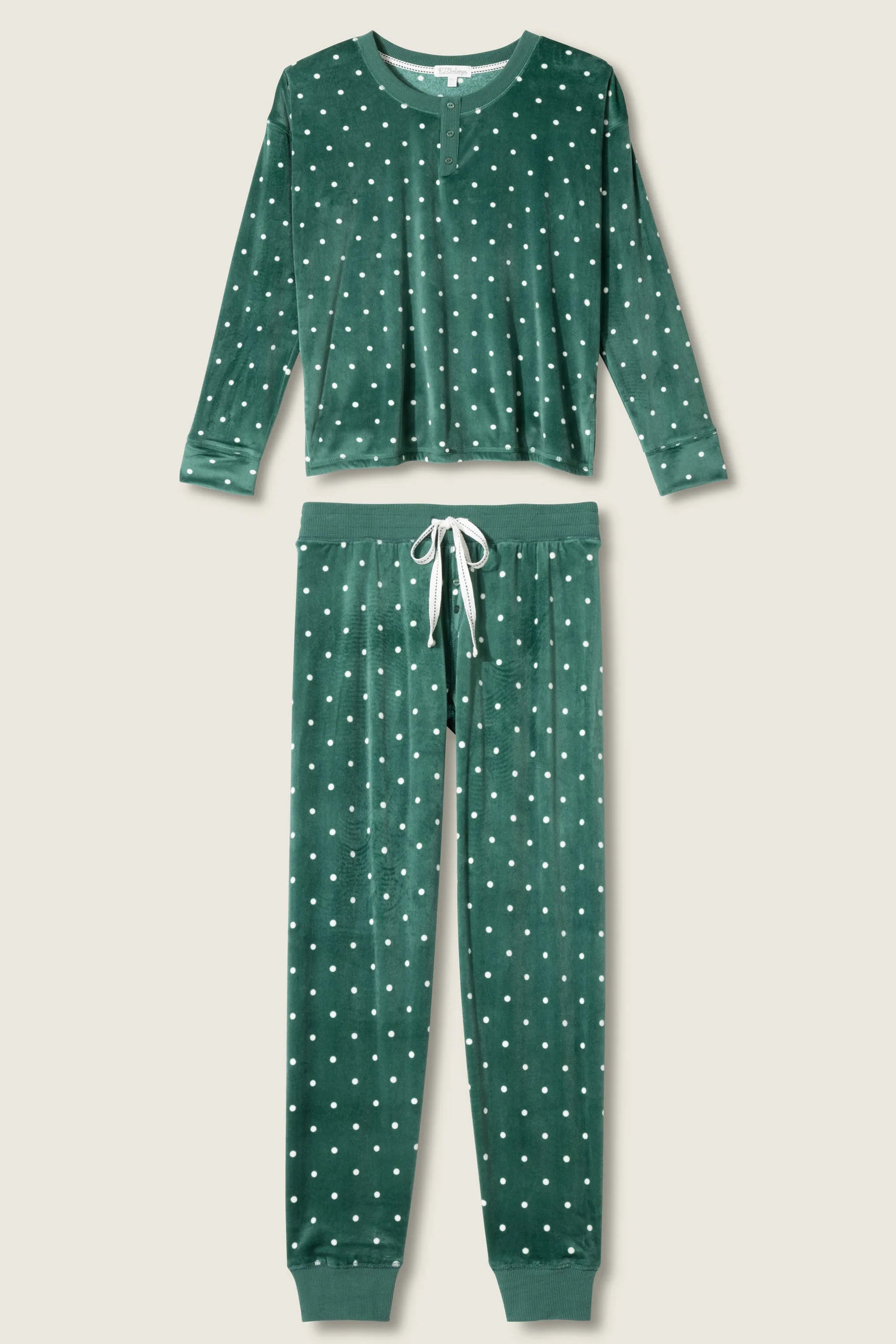 Let's Get Toasty Velour Dot Print PJ Set | Dark Forest Green PJ Salvage Women's white polka dot on a dark green background lightweight velour