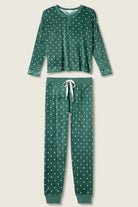 Let's Get Toasty Velour Dot Print PJ Set | Dark Forest Green PJ Salvage Women's white polka dot on a dark green background lightweight velour