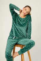 Let's Get Toasty Velour Dot Print PJ Set | Dark Forest Green PJ Salvage Women's white polka dot on a dark green background lightweight velour with button up henley top 3 buttons