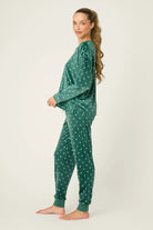 Let's Get Toasty Velour Dot Print PJ Set | Dark Forest Green PJ Salvage Women's white polka dot on a dark green background lightweight velour - Side view showing the side vents on top