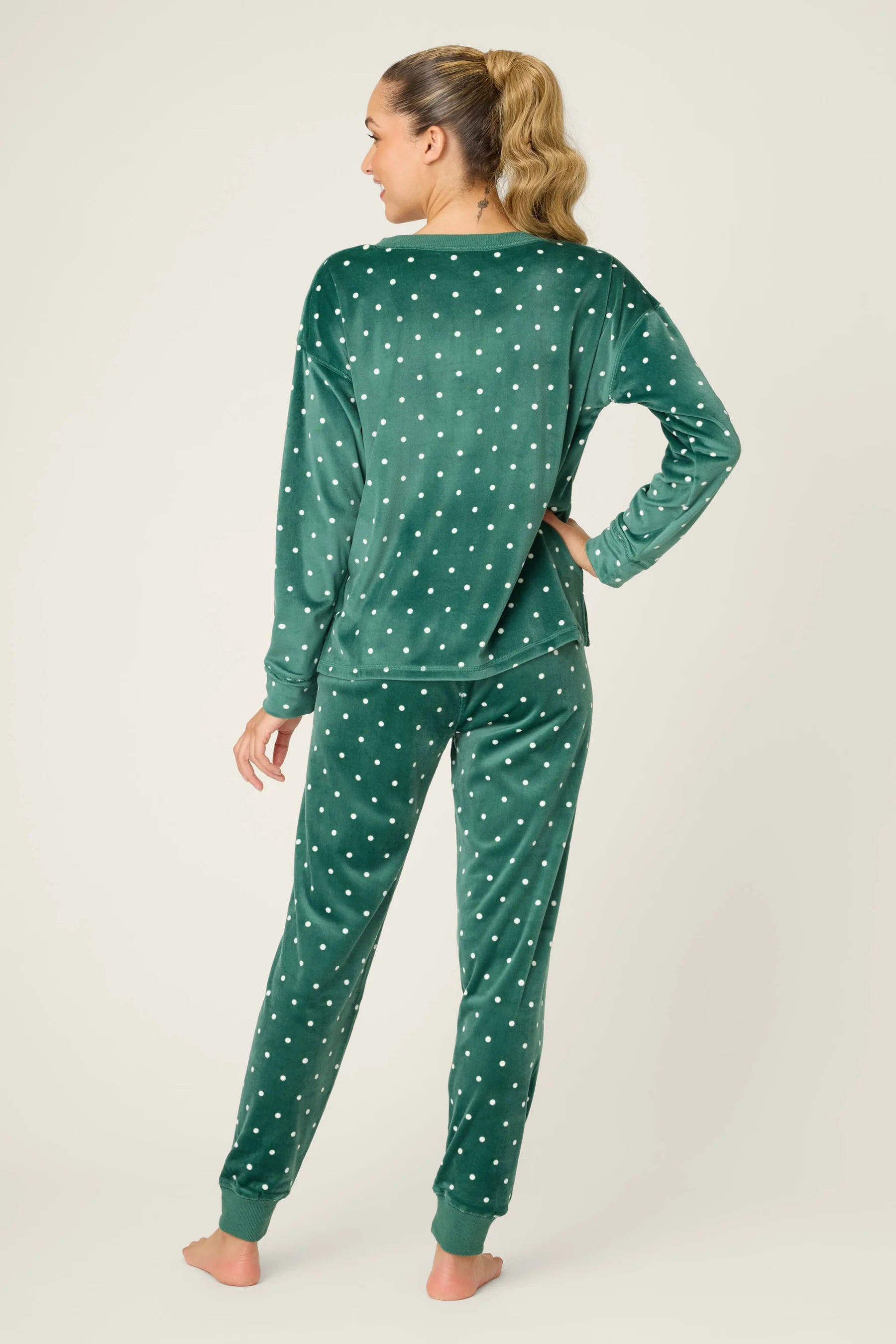 Let's Get Toasty Velour Dot Print PJ Set | Dark Forest Green PJ Salvage Women's white polka dot on a dark green background lightweight velour - Back View
