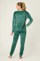 Let's Get Toasty Velour Dot Print PJ Set | Dark Forest Green PJ Salvage Women's white polka dot on a dark green background lightweight velour - Back View