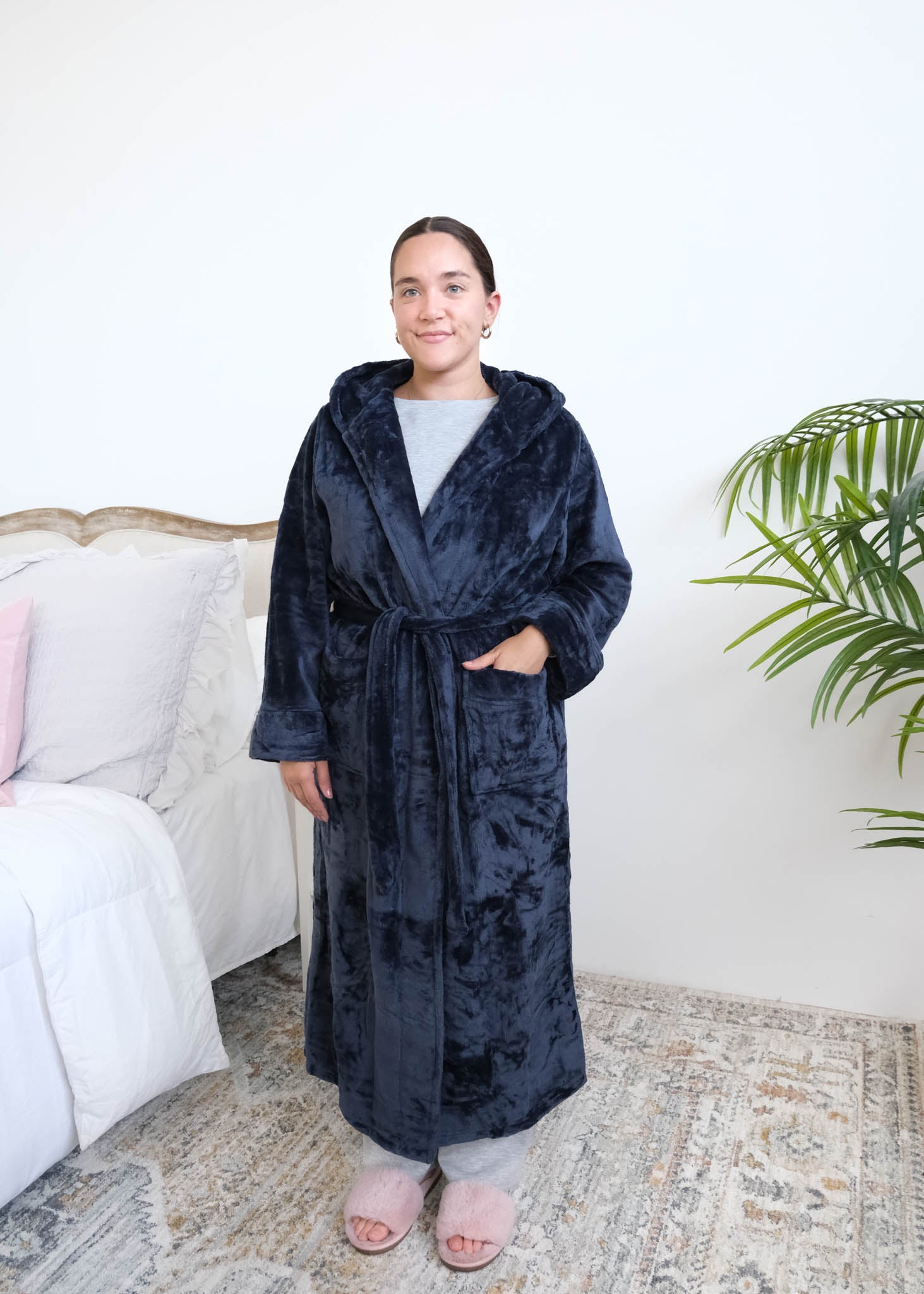 Lounge by Jan Marie Long Hooded Fleece Robe Navy full length front view on model — Cloud Nine Pajamas Edmonton