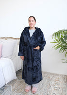 Lounge by Jan Marie Long Hooded Fleece Robe Navy full length front view on model — Cloud Nine Pajamas Edmonton
