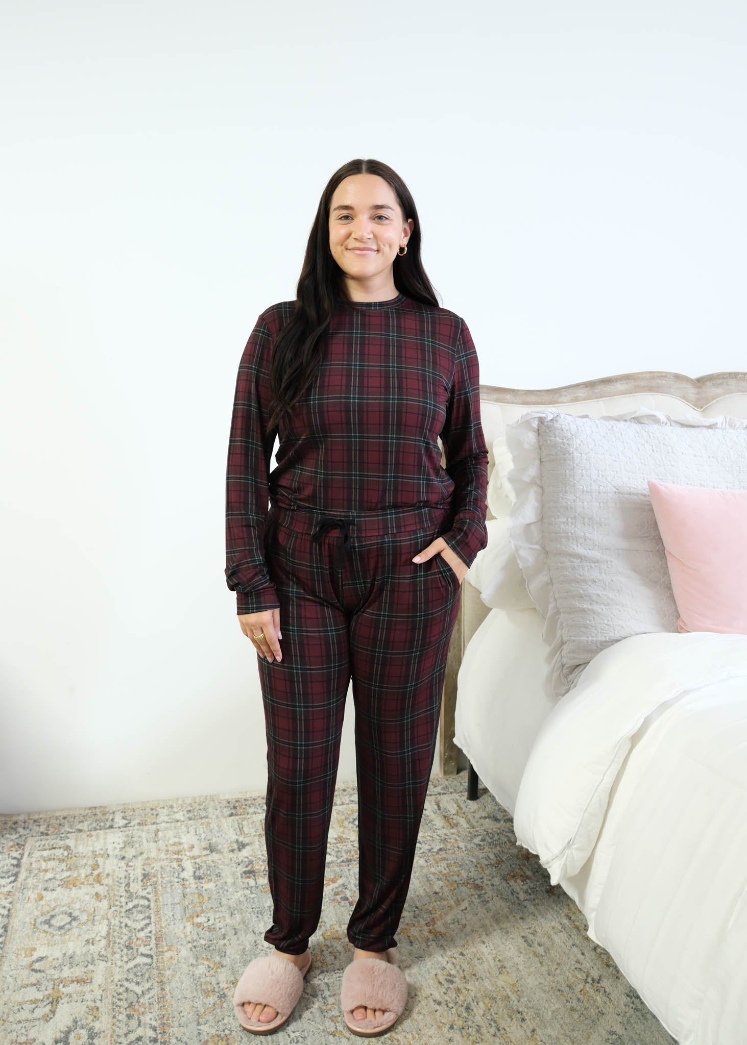 Georgia Rylan Bamboo Plaid PJ Set drawstring waist detail front view — Cloud Nine Pajamas Edmonton