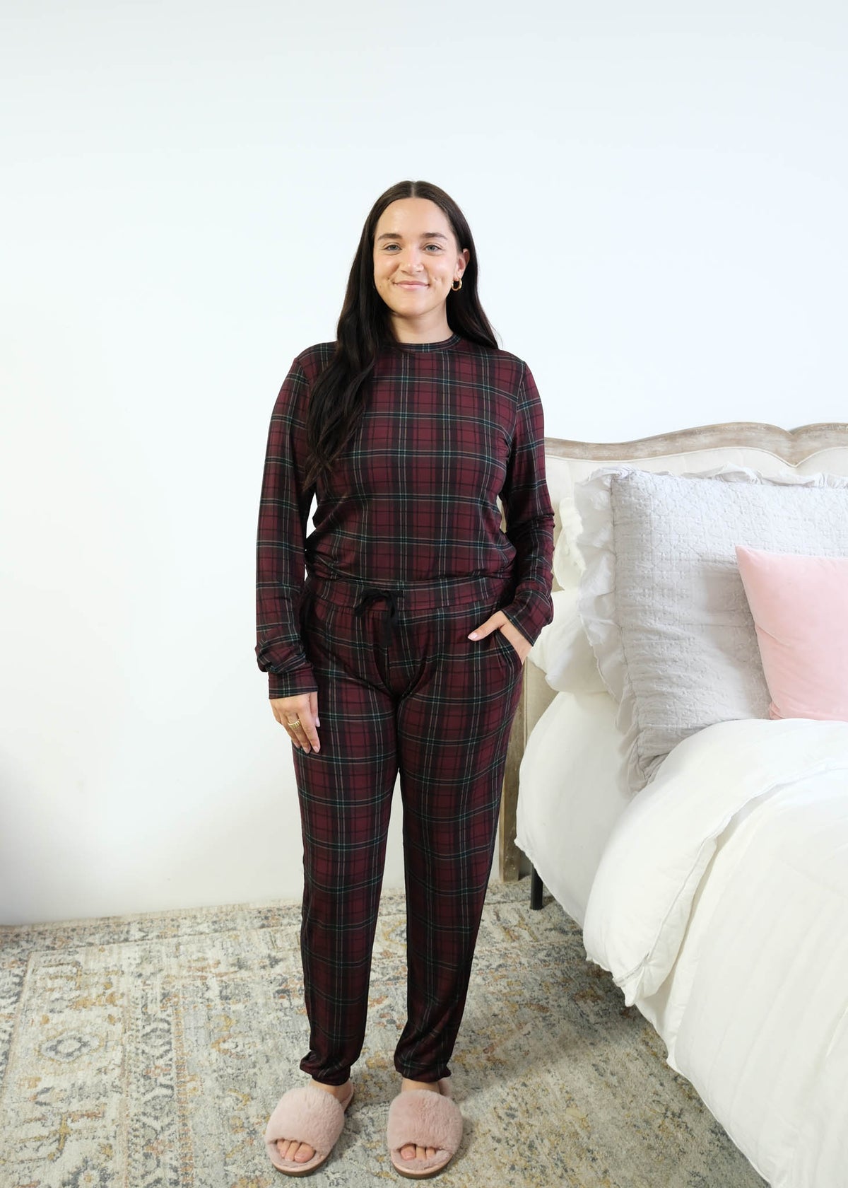 Georgia Rylan Bamboo Plaid PJ Set drawstring waist detail front view — Cloud Nine Pajamas Edmonton
