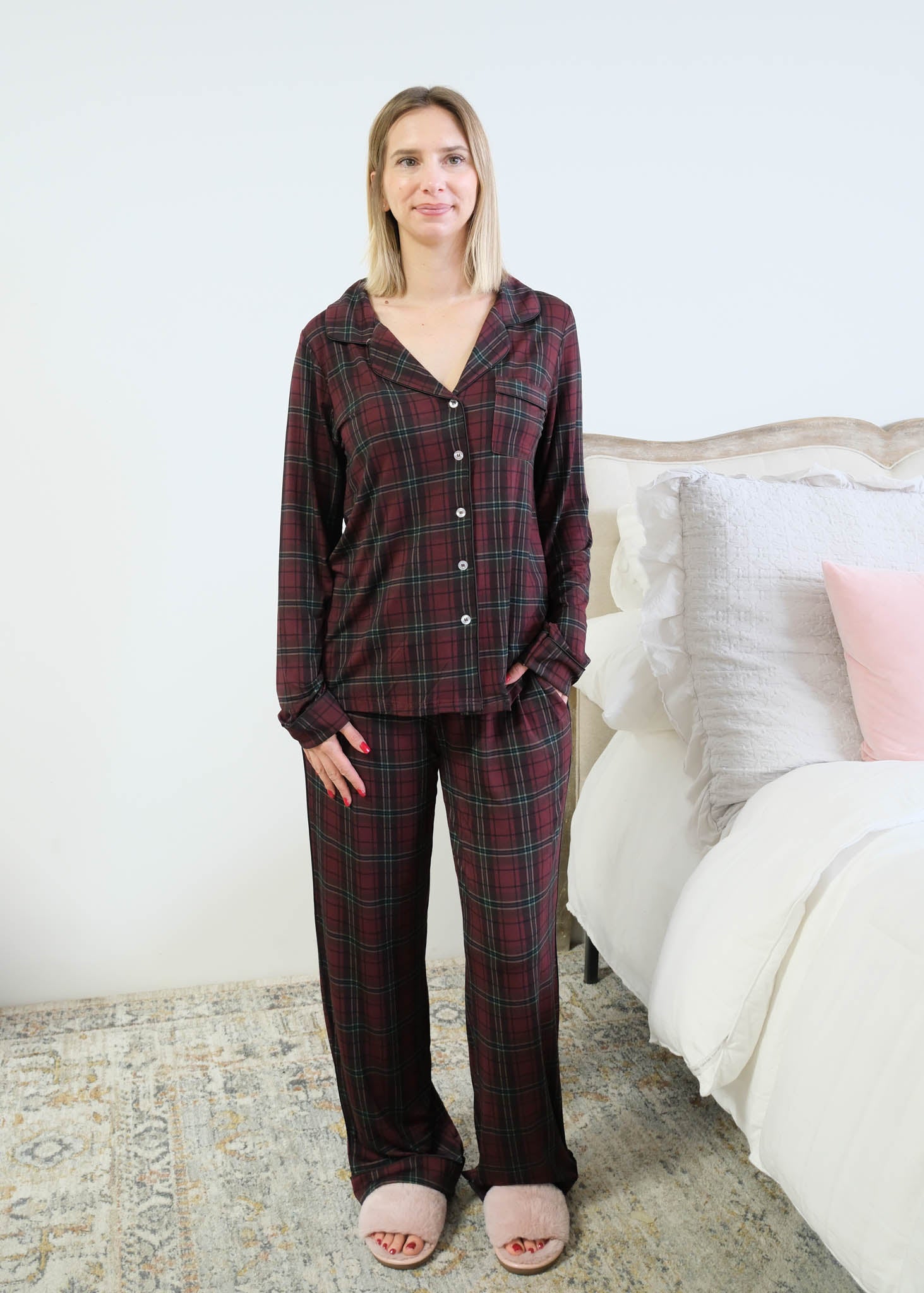 Georgia Rylan Bamboo Plaid Button-Up PJ Set front view notch collar and wide-leg pants — Cloud Nine Pajamas Edmonton