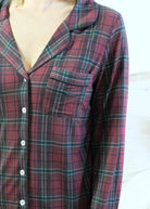 Georgia Rylan Bamboo Plaid Button-Up PJ Set notch collar black piping white buttons close-up — Cloud Nine Pajamas Edmonton