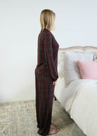 Georgia Rylan Bamboo Plaid Button-Up PJ Set side view piping down outer seam — Cloud Nine Pajamas Edmonton