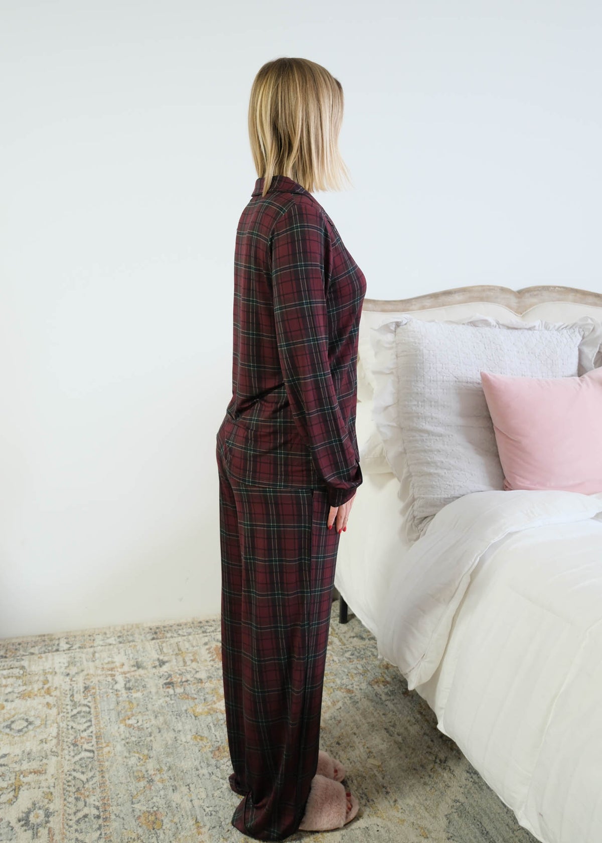 Georgia Rylan Bamboo Plaid Button-Up PJ Set side view piping down outer seam — Cloud Nine Pajamas Edmonton