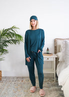 Georgia Rylan Midnight Teal Long Bamboo Cardigan shown in loungewear picture — Cloud Nine Pajamas
