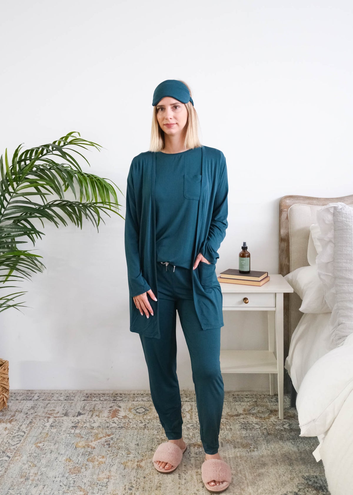 Georgia Rylan Midnight Teal Long Bamboo Cardigan shown in loungewear picture — Cloud Nine Pajamas