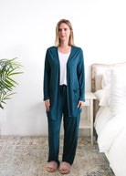 Georgia Rylan Midnight Teal Long Bamboo Cardigan open front detail — Cloud Nine Pajamas