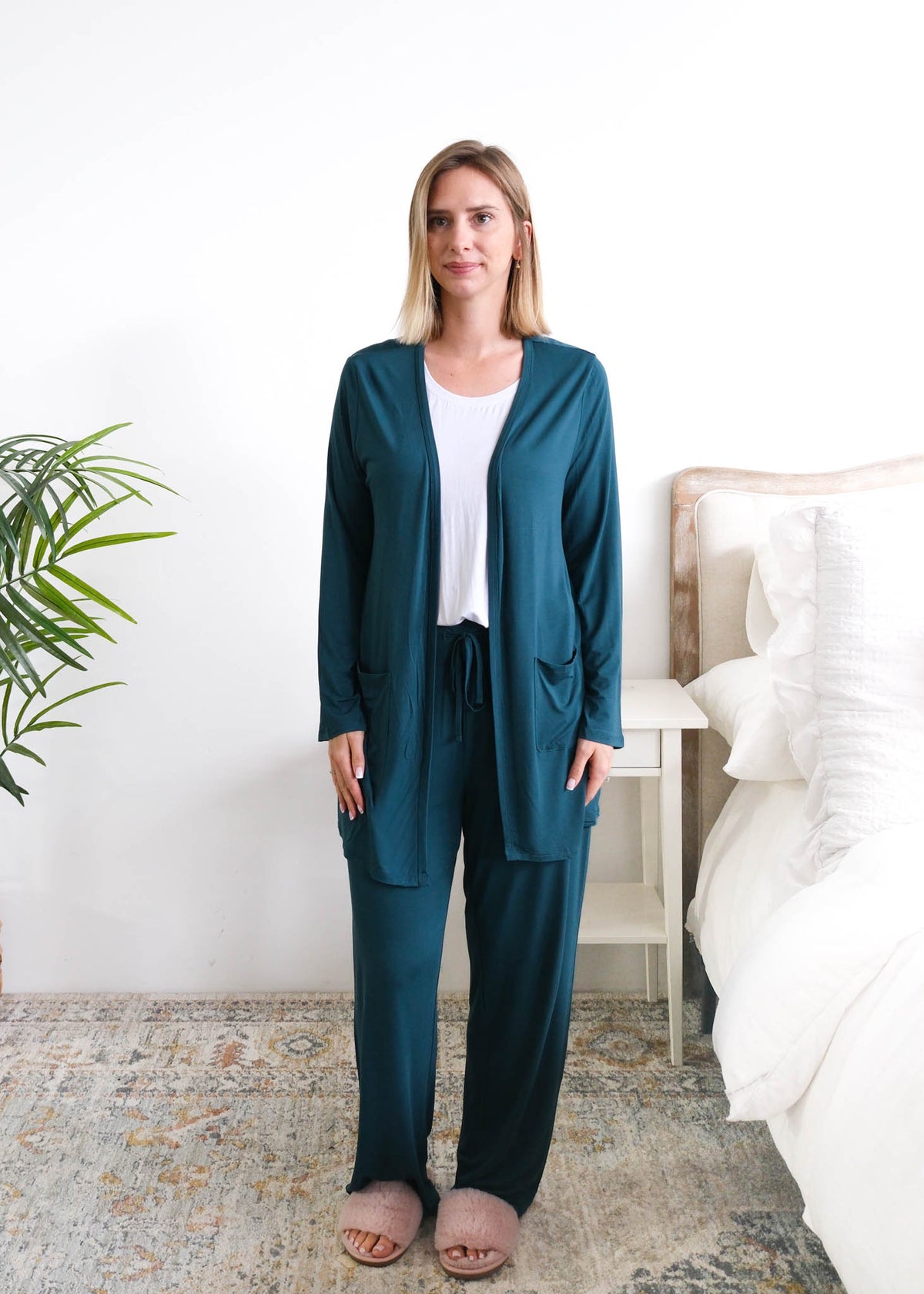 Georgia Rylan Midnight Teal Long Bamboo Cardigan open front detail — Cloud Nine Pajamas