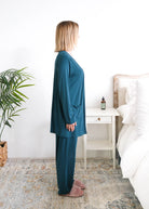 Georgia Rylan Midnight Teal Bamboo Cardigan model side view showing length — Cloud Nine Pajamas