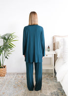 Georgia Rylan Midnight Teal Bamboo Cardigan model back view — Cloud Nine Pajamas