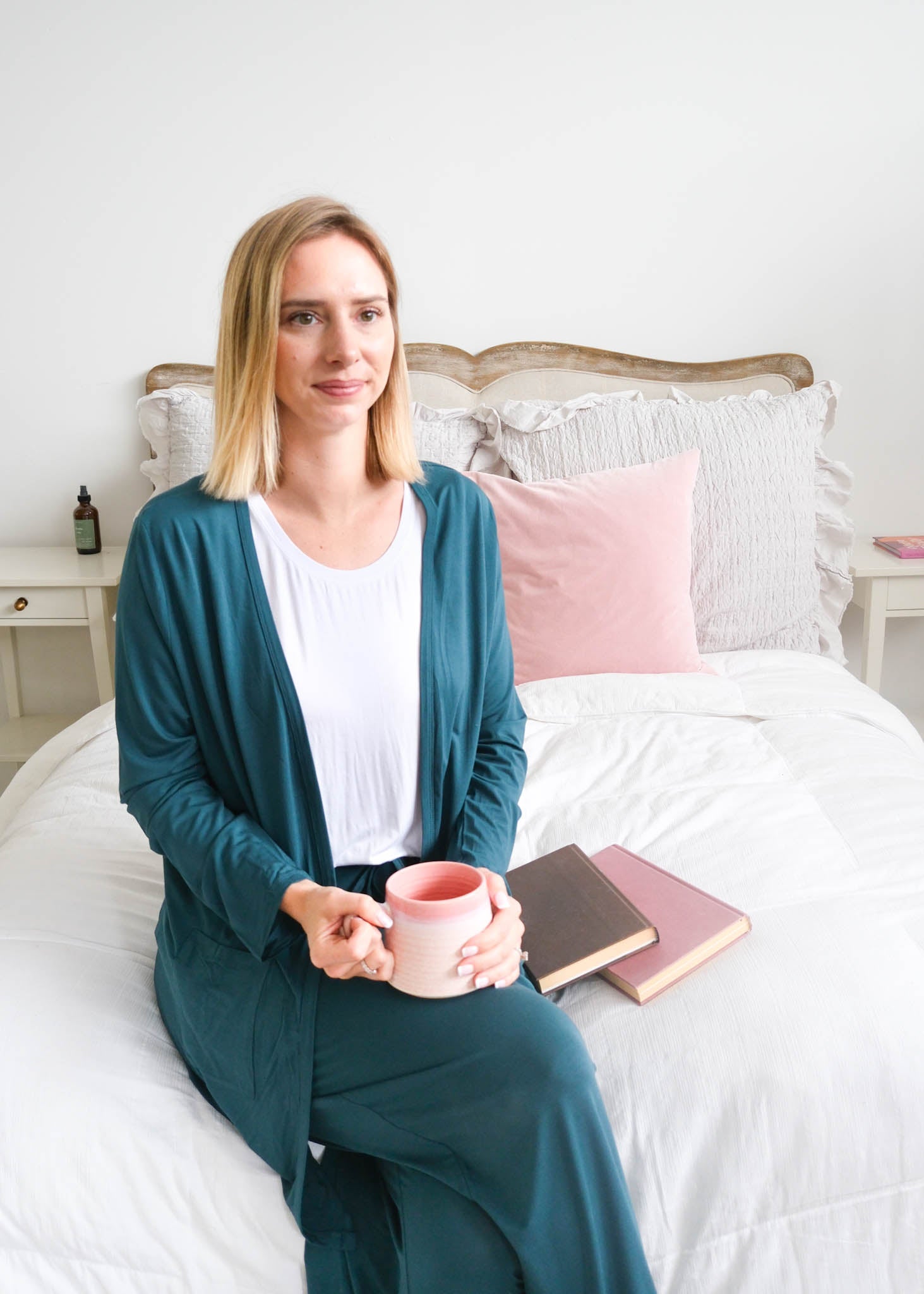 Georgia Rylan Midnight Teal Long Cardigan with Pockets lifestyle model — Cloud Nine Pajamas Edmonton