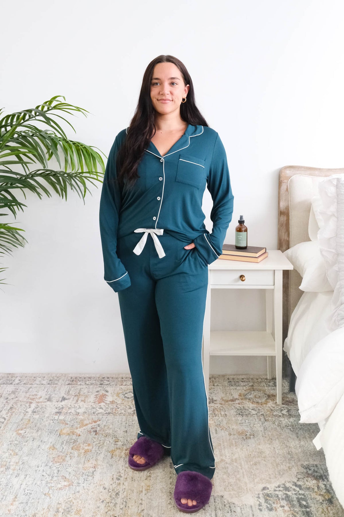 Georgia Rylan Long Sleeve Button Up Straight Pant Bamboo PJ Set Midnight Teal front view — Cloud Nine Pajamas Edmonton