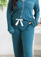 Georgia Rylan Midnight Teal Bamboo PJ Set straight leg pant detail — Cloud Nine Pajamas