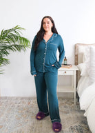 Georgia Rylan Midnight Teal Button-Up Bamboo PJ Set model full length — Cloud Nine Pajamas