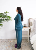 Georgia Rylan Midnight Teal Button-Up PJ Set model side view — Cloud Nine Pajamas